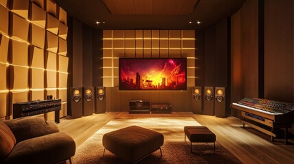 Poster - Room designed for streamers, with dual screens, warm ambient lighting, and sound-absorbing wall panels.