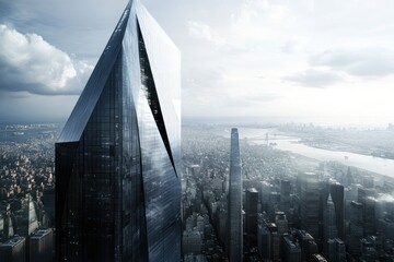 A futuristic skyscraper towers over a cityscape, showcasing modern architecture and design.