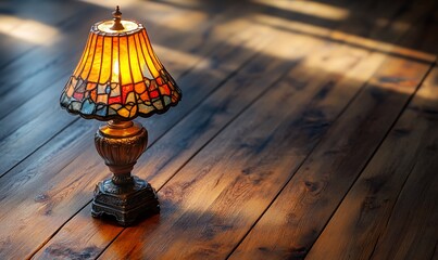 Poster - A stained glass lamp casts a warm glow on a wooden floor, creating a cozy and inviting atmosphere.