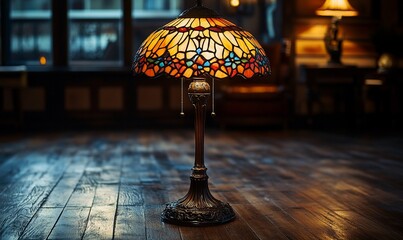 Poster - A stained glass lamp with a colorful design sits on a wooden floor, casting a warm glow on the room.