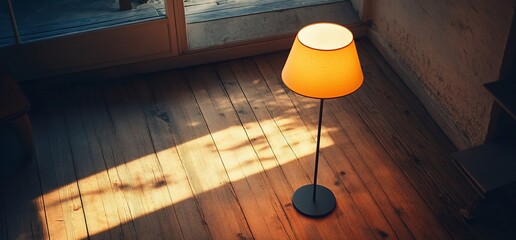 Poster - A standing lamp with a yellow lampshade casts a soft glow on a wooden floor, with sunbeams streaming through a window.