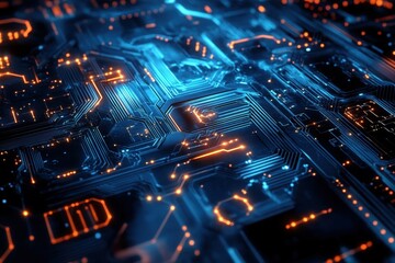 Poster - Close-up of a detailed circuit board design illuminated in blue and orange light at night
