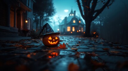 Halloween holiday carved pumpkin wearing witch hat closeup view