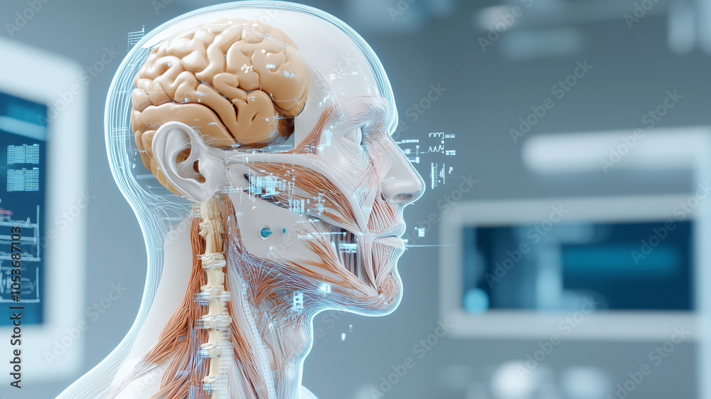 Dynamic digital graphic highlighting human head and brain anatomy Stock ...