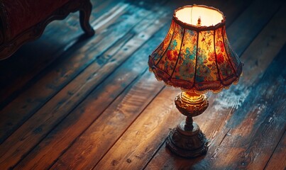 Poster - A vintage table lamp with a floral patterned shade sits on a wooden floor.
