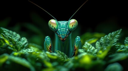 Close-up of a Green Praying Mantis in Lush Foliage