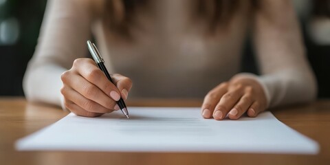 Hand writing notes with pen on blank paper at the office desk.