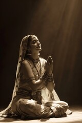 Young indian woman wearing traditional clothing and jewelry is sitting with her hands together in prayer