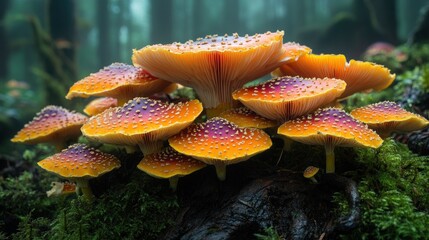 Wall Mural - A cluster of vibrant orange and purple mushrooms with white spots, growing in a mossy forest setting.