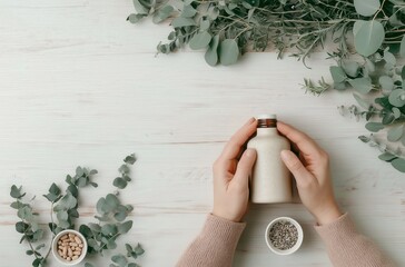 Hands gently holding fresh green eucalyptus leaves on a simple wooden table with minimal floral decor  Concept of natural wellness sustainability and reverence for the earth s botanical elements