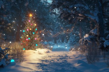 Magical snowy forest path at twilight is illuminated by a decorated and lit christmas tree