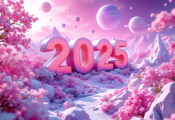 Happy new year 2025 typography greeting card, poster, banner with celebration elements. Happy new year walpaper.