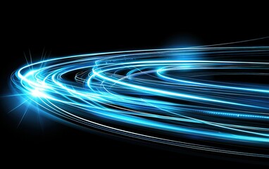 Poster - Dynamic blue light trails creating a vibrant abstract pattern against a black background in a visually striking display of motion