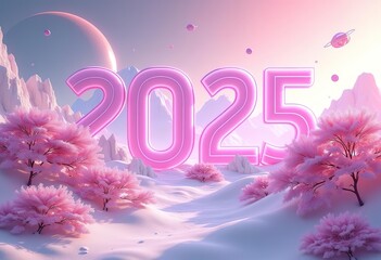 Happy new year 2025 typography greeting card, poster, banner with celebration elements. Happy new year walpaper.