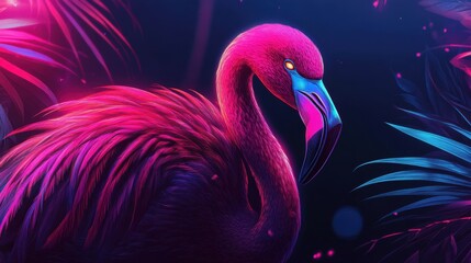 Poster - A layered illustration of a glowing neon pink flamingo, vibrant light accents creating a modern, dynamic vibe.