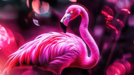 Poster - A layered illustration of a glowing neon pink flamingo, vibrant light accents creating a modern, dynamic vibe.