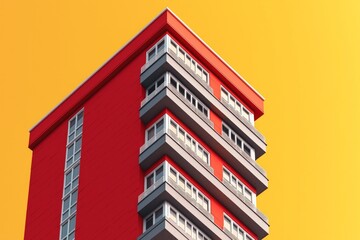 A tall building with red walls and gray windows on an orange background, rendered in an isometric style.