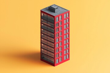 A tall building with red walls and gray windows on an orange background, rendered in an isometric style.