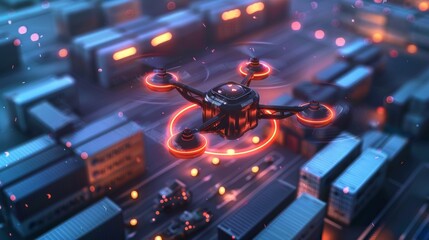 Poster - Modern delivery drone flying over illuminated shipping containers in an automated port, showcasing the potential of future technology in logistics and urban environments