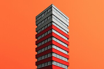 A tall building with red walls and gray windows on an orange background, rendered in an isometric style.