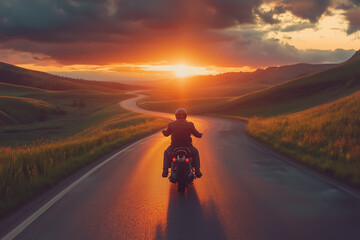 A man is riding a motorcycle down a road at sunset. The sky is orange and the sun is setting