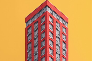 A tall building with red walls and gray windows on an orange background, rendered in an isometric style.