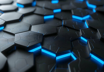 Poster - Abstract background with blue glowing hexagons on a dark gray wall, a futuristic design for a technology concept.