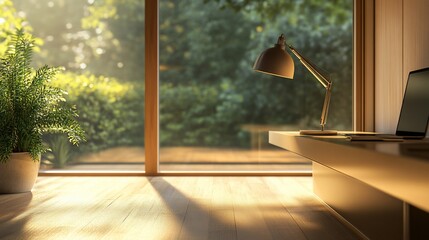 Poster - Modern home office with a desk, lamp, and a plant in a pot. Sunlight streaming through the window illuminates the room.