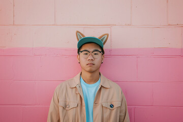 portrait of happy cute young Asian man wearing a cat ear hat, pink background