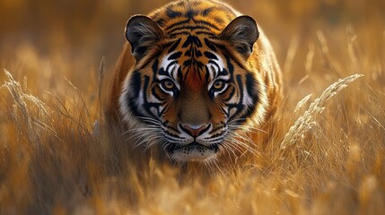  Close-up of a Tiger's Face in Tall Grass