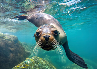 Wall Mural - a sea lion underwater on the coast of Chile