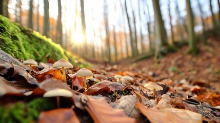 Wall Mural - Mushrooms sprout among autumn leaves in a sunlit forest, AI