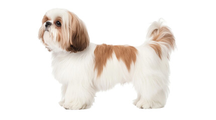 Wall Mural - A fluffy, small dog with a brown and white coat, posing against a white background, showcasing its playful and friendly nature.