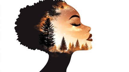 Poster -  A woman's silhouetted face against trees and starry night sky