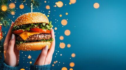 Festive Christmas Eve Burger Dinner with Family - Flat Design Illustration with Copy Space for Text