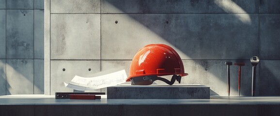 Poster - Red hard hat, blueprint, and tools on concrete surface.