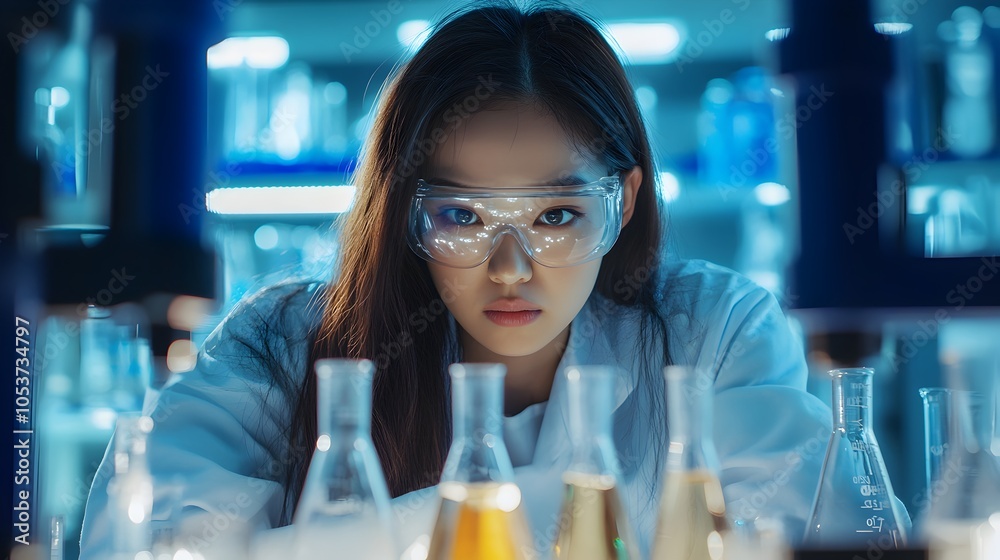 Asian Female Scientist Conducting Experiment in Laboratory with Beakers ...