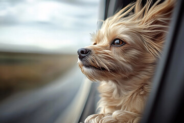 cute dog looking from driving car window, travel and road trip concept