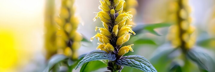  A tight shot of a yellow bloom against a backdrop of green foliage in the foreground, blurred background