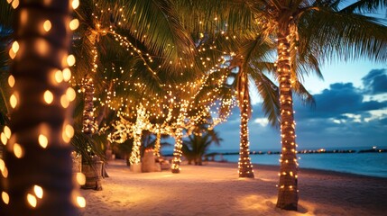 Beach Christmas background, tropical decorations, palm trees with lights, festive beach scene 