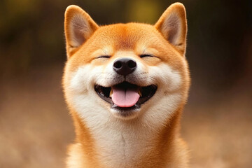 Close-up portrait of a smiling Shiba Inu dog with eyes closed and tongue out. Pet happiness and joyful expression concept for animal photography and greeting card design