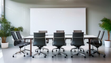 A modern meeting room with a long table, chairs, and a whiteboard, captured against a clean