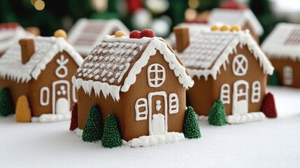 Wall Mural - Gingerbread house village with each home uniquely decorated with icing, candy roofs, and powdered sugar snow for Gingerbread Decorating Day 