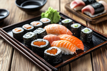 close up of sushi set on the wooden table background