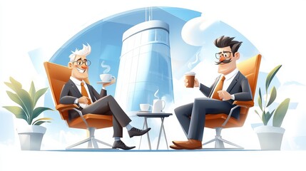 Poster - Businessmen in suits chatting and laughing over coffee in a lounge area, enjoying a break.