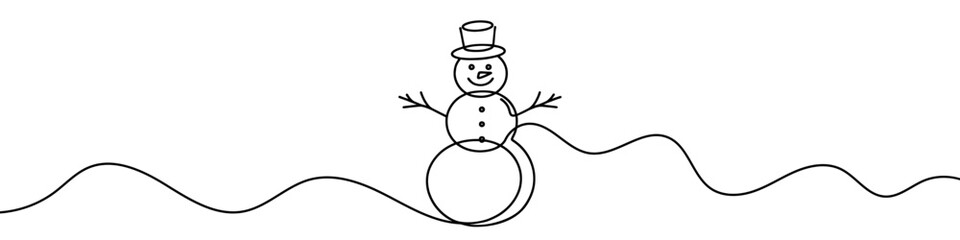 Wall Mural - Continuous line art drawing a smiling snowman on snowy hills for a winter holiday design