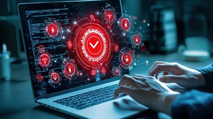 Poster - fingers on a laptop keyboard with red warning symbols on the screen, showcasing the concept of digital security in a professional workspace