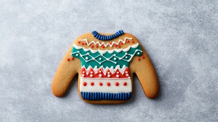 Creative gingerbread cookie shaped like a holiday sweater, covered in colorful frosting patterns for Gingerbread Decorating Day fun 