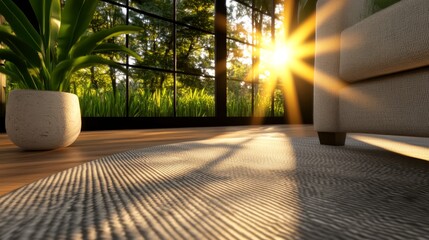 couch, potted plant on floor Sun shines through window