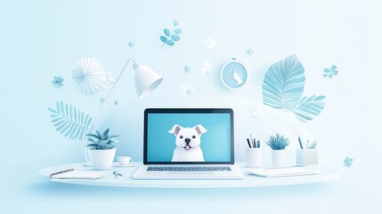 Poster - Home-based worker with a dog nearby, multitasking between laptop and notepad.